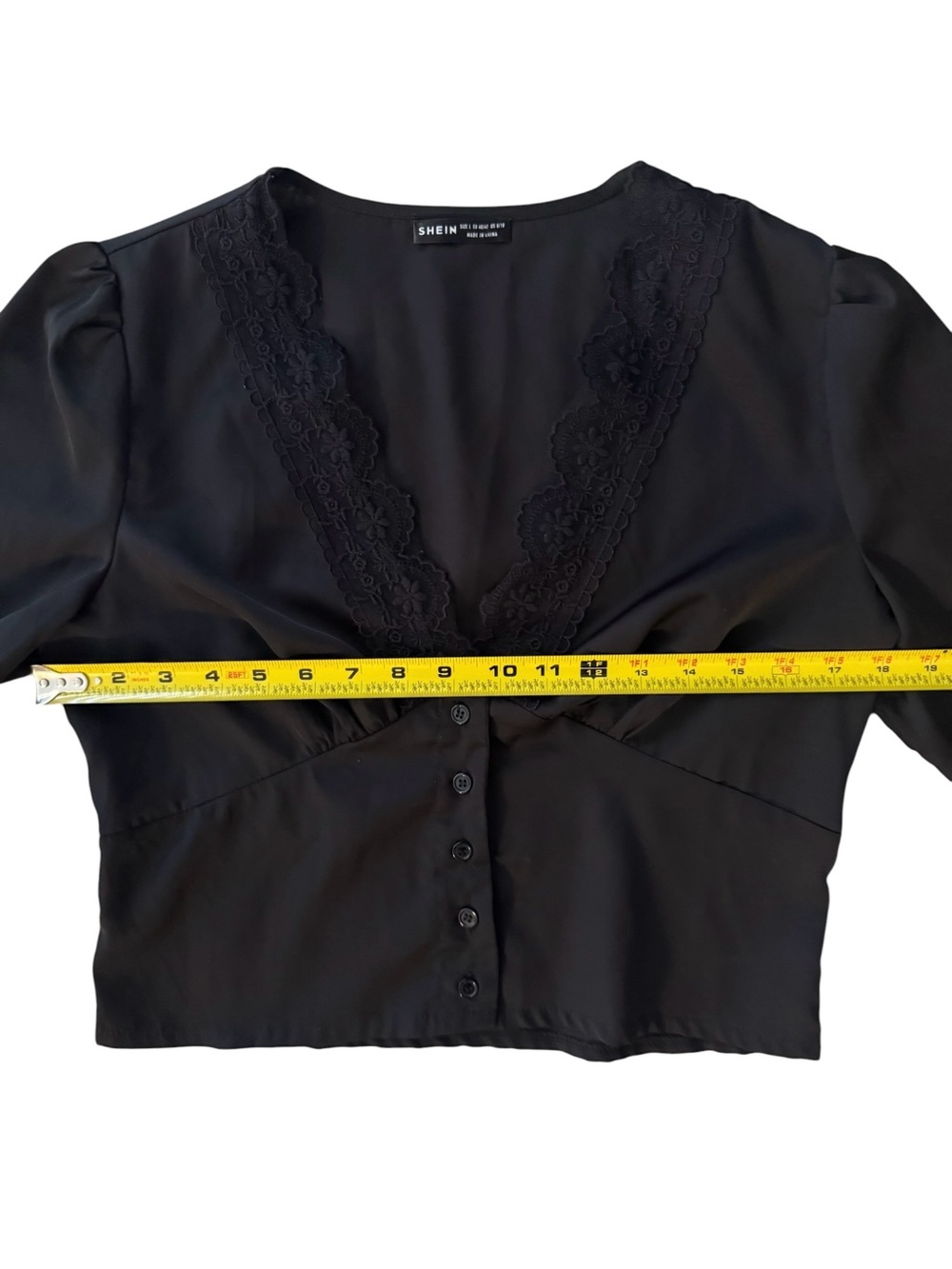 SHEIN Black Lace-Trim Button Crop Blouse - Picture 4 of 6